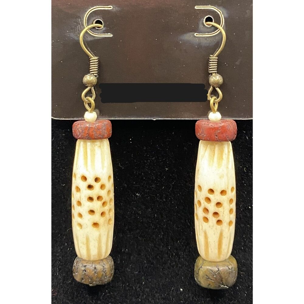 Handmade Cream Brown & Green Stone Bead Bronze Tone Earrings by Neanie-Bot